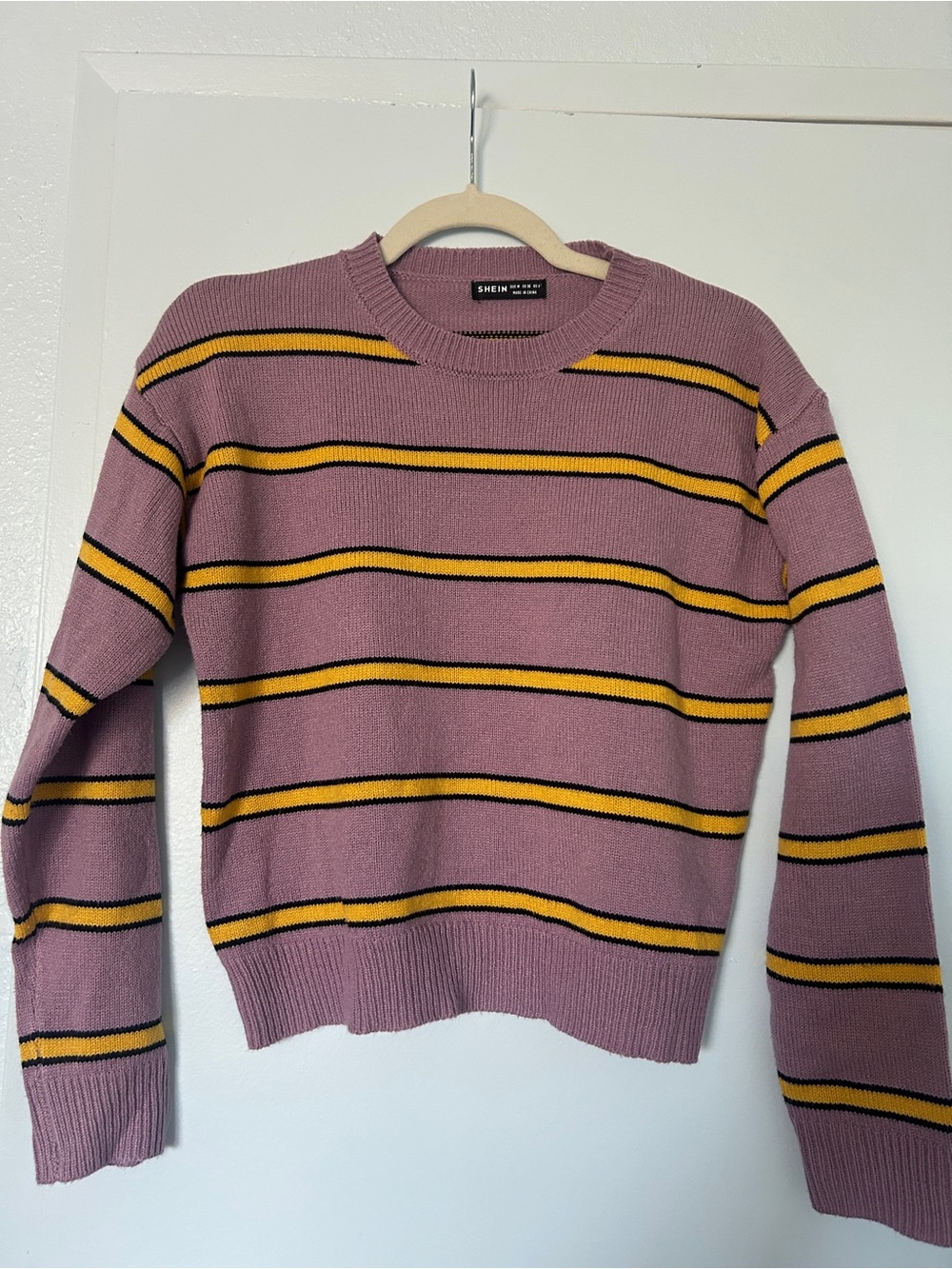 SHEIN Mauve Striped Crewneck Sweater with Yellow and Black Trim size M